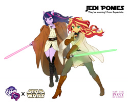 Size: 1020x842 | Tagged: safe, artist:m.y., sunset shimmer, twilight sparkle, equestria girls, crossover, duo, jedi, lightsaber, pixiv, ponied up, star wars, the force, weapon