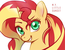 Size: 842x652 | Tagged: safe, artist:m.y., sunset shimmer, pony, bust, looking at you, pixiv, portrait, raised eyebrow, simple background, smiling, solo, white background