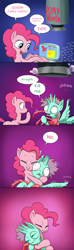 Size: 1504x5115 | Tagged: safe, artist:doublewbrothers, pinkie pie, oc, earth pony, pony, pony creator, abomination, comic, computer, creepy, cute, dialogue, female, gradient background, hug, kill me, mare, meta, multiple horns, parody, typing, wholesome