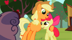 Size: 640x360 | Tagged: safe, artist:capnpea, edit, edited screencap, screencap, apple bloom, applejack, sweetie belle, earth pony, pony, unicorn, sisterhooves social, animated, decapitated, decapitation, eye contact, female, filly, fimbriae, hug, i must go, looking at each other, mare, not salmon, open mouth, raised hoof, severed head, smiling, wat