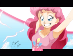 Size: 2786x2153 | Tagged: safe, artist:shinta-girl, pinkie pie, human, humanized, scene interpretation, smile hd, smiling, solo, spirit bomb