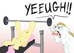 Size: 967x696 | Tagged: safe, artist:howlsinthedistance, bulk biceps, fluttershy, pegasus, pony, benchpressing, exercise, screaming, weight lifting, yeah