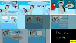 Size: 3904x2212 | Tagged: safe, artist:mellowbomb, derpibooru import, rainbow dash, oc, oc:closingrain, pegasus, pony, comic:calamity fateful, 1000 hours in ms paint, comic, dialogue