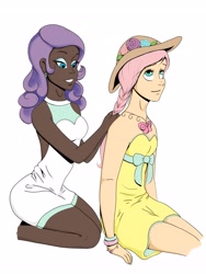 Size: 2400x3200 | Tagged: safe, artist:otpprincess, fluttershy, rarity, human, alternate hairstyle, braid, dark skin, hair styling, humanized, makeover