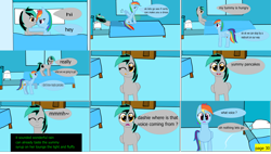 Size: 3866x2198 | Tagged: safe, artist:mellowbomb, derpibooru import, rainbow dash, oc, oc:closingrain, pegasus, pony, comic:calamity fateful, 1000 hours in ms paint, comic, dialogue