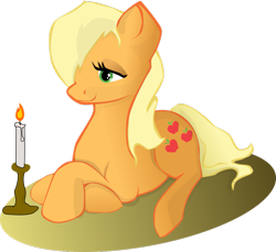 Size: 935x855 | Tagged: safe, artist:longdayart, applejack, earth pony, pony, candle, prone, solo