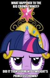 Size: 619x960 | Tagged: safe, derpibooru import, twilight sparkle, pony, unicorn, big crown thingy, female, horn, image macro, mare, purple coat, purple mane, solo