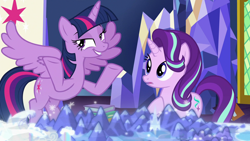 Size: 1920x1080 | Tagged: safe, screencap, starlight glimmer, twilight sparkle, twilight sparkle (alicorn), alicorn, pony, shadow play, book, duo, lidded eyes, twilight's castle