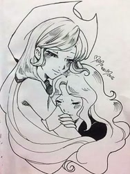 Size: 360x480 | Tagged: safe, artist:momo chii, applejack, sunset shimmer, equestria girls, appleshimmer, blushing, embrace, eyes closed, female, hug, lesbian, lidded eyes, monochrome, needs more jpeg, shipping, smiling, snuggling