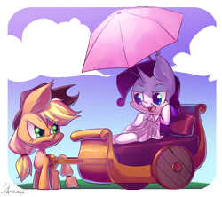 Size: 4104x3650 | Tagged: safe, artist:jggjqm522, applejack, rarity, earth pony, pony, unicorn, cart, chariot, chibi, umbrella