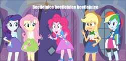 Size: 1024x499 | Tagged: safe, derpibooru import, applejack, fluttershy, pinkie pie, rainbow dash, rarity, equestria girls, beetlejuice, exploitable meme, meme, pinkie has a crazy idea, reference