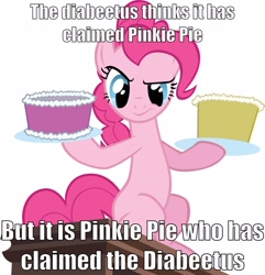 Size: 2196x2276 | Tagged: safe, pinkie pie, earth pony, pony, fanfic:bittersweet, cake, cute, diabetes, image macro, rainbow dash presents, solo, text, vector