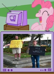 Size: 563x770 | Tagged: safe, pinkie pie, human, exploitable meme, funny signs, laughing, meme, obligatory pony, protest, protest highjacked, tv meme