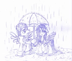 Size: 971x823 | Tagged: safe, artist:piterq12, fluttershy, oc, oc:lockwood, pegasus, pony, canon x oc, crisis:equestria, monochrome, rain, shipping, traditional art, umbrella