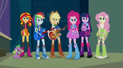 Size: 1280x714 | Tagged: safe, derpibooru import, screencap, applejack, fluttershy, pinkie pie, rainbow dash, rarity, spike, sunset shimmer, twilight sparkle, twilight sparkle (alicorn), alicorn, dog, equestria girls, rainbow rocks, female, humane five, humane seven, humane six, male, spike the dog