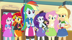 Size: 1280x714 | Tagged: safe, derpibooru import, screencap, applejack, fluttershy, pinkie pie, rainbow dash, rarity, sunset shimmer, equestria girls, rainbow rocks, humane five