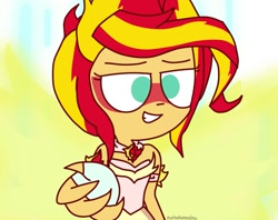 Size: 1223x968 | Tagged: safe, artist:psychodiamondstar, sunset shimmer, equestria girls, friendship games, clothes, daydream shimmer, dress, glowing wings, reaching out, scene interpretation, smiling, solo, take my hand