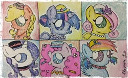 Size: 1024x624 | Tagged: safe, artist:therainbowmaiden, derpibooru import, applejack, fluttershy, pinkie pie, rainbow dash, rarity, twilight sparkle, twilight sparkle (alicorn), alicorn, earth pony, pegasus, pony, unicorn, chibi, female, hat, mane six, mare, necklace