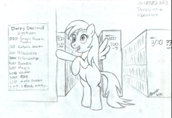 Size: 1140x783 | Tagged: artist needed, safe, derpy hooves, pegasus, pony, book, female, librarian, library, mare, monochrome, solo, traditional art