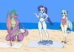 Size: 1200x845 | Tagged: safe, artist:pia-sama, edit, coco pommel, rarity, spike, anthro, plantigrade anthro, abs, absolute cleavage, barefoot, beach, beach umbrella, belly button, bikini, breasts, cleavage, clothes, coco puffs, cocospike, colored, feet, female, flip-flops, handbag, male, muscles, older, older spike, one-piece swimsuit, partial nudity, purse, raritits, sandals, shipping, shorts, sparico, sparity, straight, swimsuit, topless, towel, umbrella, undressing