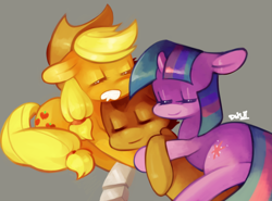 Size: 1152x854 | Tagged: safe, artist:dhui, applejack, twilight sparkle, oc, cyborg, earth pony, pony, cuddling, sleeping