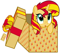 Size: 8000x6996 | Tagged: safe, artist:justisanimation, part of a set, sunset shimmer, pony, unicorn, 2017, :o, absurd resolution, box, cute, female, looking up, mare, new year, open mouth, pony in a box, present, shimmerbetes, simple background, solo, transparent background, vector