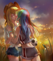 Size: 1400x1620 | Tagged: safe, artist:yikelizi905, derpibooru import, applejack, rainbow dash, human, appledash, female, football, humanized, kissing, lesbian, shipping, sports