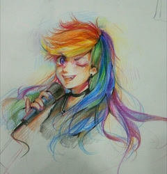 Size: 1200x1248 | Tagged: safe, artist:yikelizi905, derpibooru import, rainbow dash, human, colored pencil drawing, humanized, sketch, traditional art