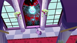 Size: 1280x720 | Tagged: safe, derpibooru import, screencap, king sombra, twilight sparkle, unicorn twilight, pony, unicorn, the crystal empire, bad end, bird's eye view, canterlot castle, crystal heart, female, mare, sad, sitting, solo, stained glass, the bad guy wins, window