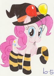 Size: 1776x2481 | Tagged: safe, artist:ninjasasuke, pinkie pie, earth pony, pony, balloon, clothes, hat, socks, solo, striped socks, traditional art