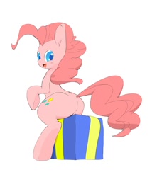 Size: 1006x1136 | Tagged: safe, artist:woking, pinkie pie, earth pony, pony, birthday, cute, diapinkes, featureless crotch, female, pixiv, plot, present, solo