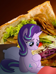 Size: 1143x1503 | Tagged: safe, artist:justsomepainter11, edit, starlight glimmer, pony, bed, belly, female, food baby, funny, happy, kebab, lassana quand il mange un grec il fait ca, pregnant, simple background, smiling, solo