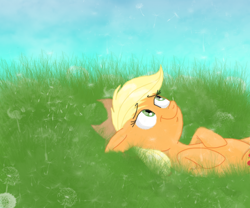 Size: 1800x1500 | Tagged: safe, artist:estela96, applejack, earth pony, pony, dandelion, on back, solo