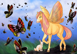 Size: 1024x723 | Tagged: safe, artist:catspian, angel bunny, fluttershy, butterfly, pegasus, pony, realistic