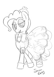 Size: 1047x1500 | Tagged: safe, artist:saine grey, pinkie pie, earth pony, pony, bedroom eyes, clothes, dress, monochrome, sketch, solo