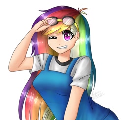 Size: 900x880 | Tagged: safe, artist:pinkpearlmlp, derpibooru import, rainbow dash, human, apron, clothes, goggles, humanized, one eye closed, simple background, solo, white background, wink