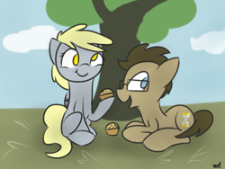 Size: 1024x768 | Tagged: safe, artist:leetle-pink-fudge, derpy hooves, doctor whooves, pegasus, pony, female, glasses, mare