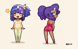 Size: 593x372 | Tagged: safe, artist:doxy, derpibooru import, rarity, twilight sparkle, human, blushing, clothes, dark skin, dress, eyes closed, high heels, horned humanization, humanized, looking at you, looking back, looking back at you, pixel art, shoes, simple background