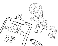 Size: 1177x928 | Tagged: safe, fluttershy, pegasus, pony, clipboard, cookie, monochrome, pencil, science, sketch, solo