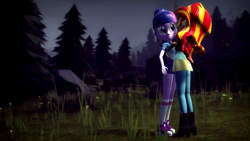 Size: 1920x1080 | Tagged: safe, artist:razethebeast, sci-twi, sunset shimmer, twilight sparkle, equestria girls, friendship games, legend of everfree, 3d, apologetic, clothes, converse, female, hug, lesbian, pants, sad, scenery, scitwishimmer, shipping, shoes, sneakers, source filmmaker, sunsetsparkle