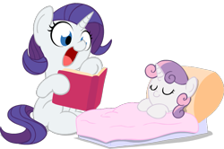 Size: 951x632 | Tagged: safe, artist:mrponiator, rarity, sweetie belle, pony, unicorn, bed, bedtime story, cute, foal, raribetes, simple background, transparent background