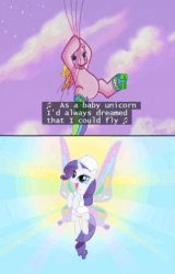 Size: 624x972 | Tagged: safe, screencap, rarity, rarity (g3), pony, unicorn, g3, sonic rainboom (episode), the runaway rainbow, animated, dream, flying, glimmer wings, hilarious in hindsight, laughing, plot, singing, song, string, subtitles, wahaha, wings