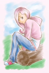 Size: 2100x3150 | Tagged: safe, artist:arucardpl, fluttershy, human, clothes, converse, hoodie, humanized, shoes, solo