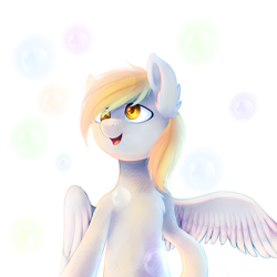 Size: 992x992 | Tagged: safe, artist:ghst-qn, derpy hooves, pegasus, pony, bipedal, bubble, colored pupils, happy, simple background, smiling, solo, spread wings, white background, wings