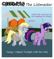 Size: 1600x1750 | Tagged: safe, artist:fetchbeer, derpy hooves, twilight sparkle, pegasus, pony, cart, female, mare, orange, shopping