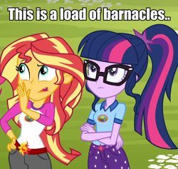 Size: 954x905 | Tagged: safe, edit, edited screencap, screencap, sci-twi, sunset shimmer, twilight sparkle, equestria girls, legend of everfree, cropped, image macro, meme, prehibernation week, reaction image, spongebob squarepants