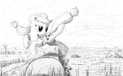 Size: 1280x800 | Tagged: safe, artist:adiwan, applejack, earth pony, pony, jumping, looking back, monochrome, solo