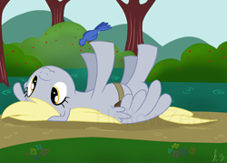 Size: 980x700 | Tagged: safe, artist:hollowzero, derpy hooves, bird, pegasus, pony, female, mare, on back, solo