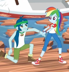 Size: 388x408 | Tagged: safe, derpibooru import, screencap, captain planet, rainbow dash, equestria girls, legend of everfree, boat, camp everfree outfits, converse, cropped, cute, dashabetes, pier, shoes, sneakers