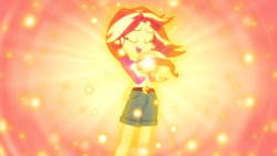 Size: 1600x900 | Tagged: safe, artist:crimsumic, artist:sailortrekkie92, sunset shimmer, equestria girls, legend of everfree, beautiful, catasterism, clothes, embrace the magic, eyes closed, glow, happy, legs, lens flare, open mouth, shorts, singing, smiling, solo, sunshine shimmer, vector, wallpaper